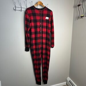 Fammy Jammies Velour Plaid One Piece Button Front Pajamas Medium Polar Bear Butt